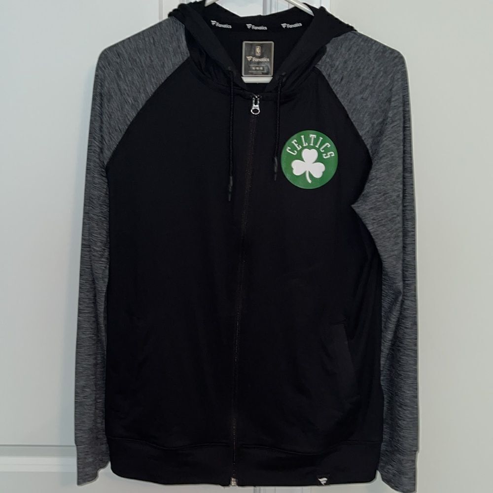 Boston Celtics Thin Zipper Hoodie Hooded Spellout Sweatshirt Gray Black Jacket M